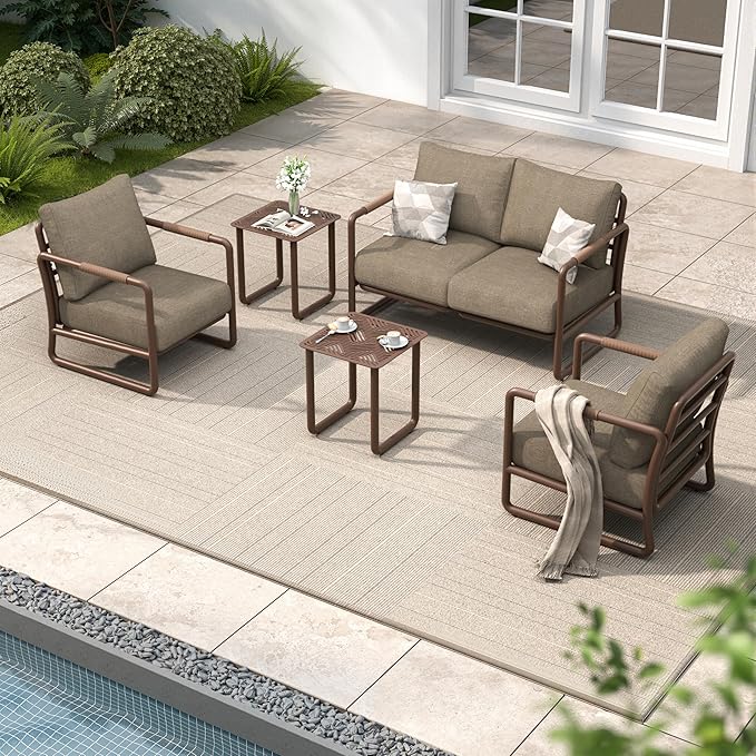 MBY Outdoor Aluminum Patio Furniture Set, 4-Seats Patio Conversation Sofa Set with 2 Coffee Table and Thickened Cushions, All Weather for Pool, Garden-Brown