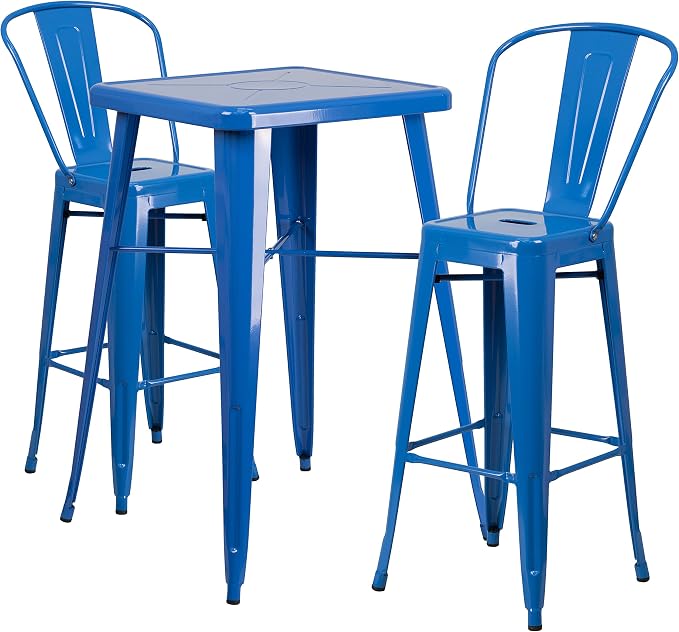 EMMA + OLIVER Commercial Grade 23.75SQ Blue Metal Indoor-Outdoor Bar Table Set-2 Stools-Backs