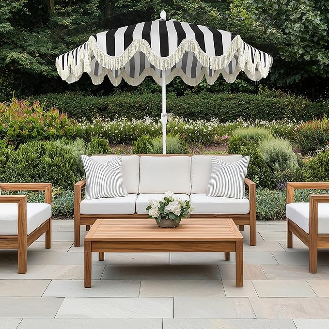 JONATHAN Y UMB1001 Collins 9 ft. Classic Cottage Tassel Market Patio Umbrella with Auto-Tilt, Crank, Wind Vent and UV Protection