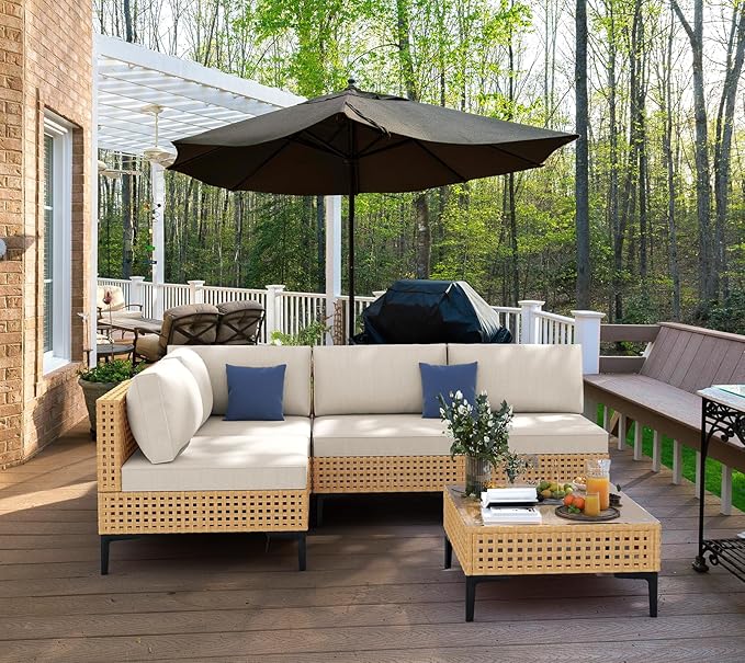 Outdoor Sectional 5 Piece Patio Furniture Set Free Combination Outdoor Couch with Thick Cushion All Weather Wicker Patio Conversation Sets for Backyard, Deck, Poolside