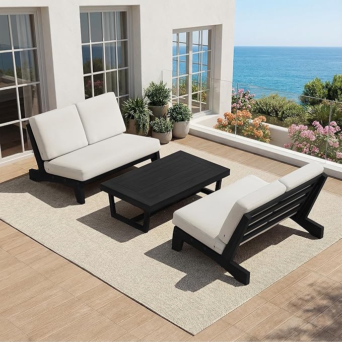 UIXE 2 Pieces All Weather Wood Patio Furniture Sets, Patio Loveseat Outdoor Sofa with Solid Wooden Coffee Table, Black Teak - Beige