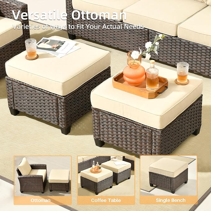 CAODOC 7 Pieces Rattan Patio Furniture Set, 4 x Single Chair, 2 x Ottoman and 3-Seat Sofa with Cushions, 9 Seats Outdoor Wicker Sectional Conversation Set for Garden, Poolside, Backyard