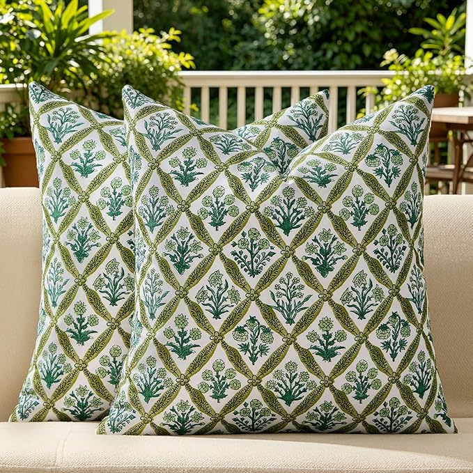 Allorry Floral Outdoor Pillow Covers 18x18 Green Outdoor Waterproof Decor | Set of 2 Vintage Floral Block Print Pillow Cover,Farmhouse Boho Decorative for Spring Summer Outdoor Sofa Bedroom Decor
