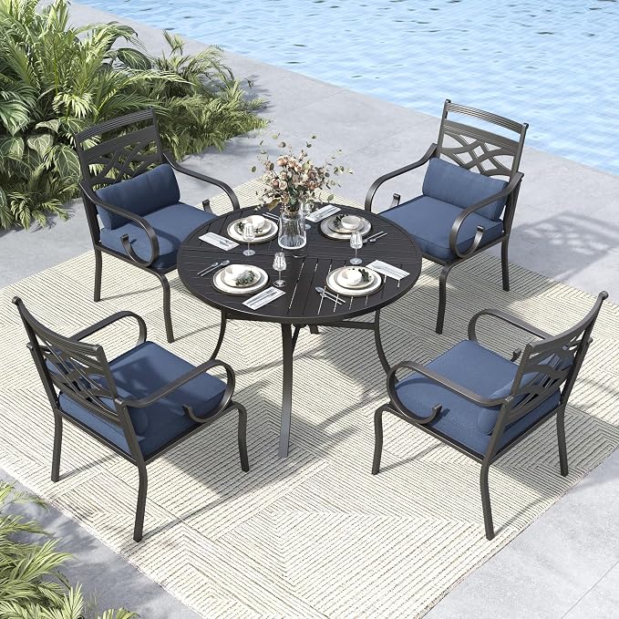 MFSTUDIO 5-Piece Patio Dining Set, 42" Round Metal Table, Fixed Chairs | Umbrella Hole, Blue