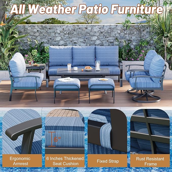 HOMREST Outdoor Furniture Thickened Cushion 360 Degree Swivel Rocking Patio Chairs with Ottomans and 3-Seat Sofa, Loveseat, Coffee Side Table, 8 PCS Metal Conversation Set for Garden, Deck, Poolside