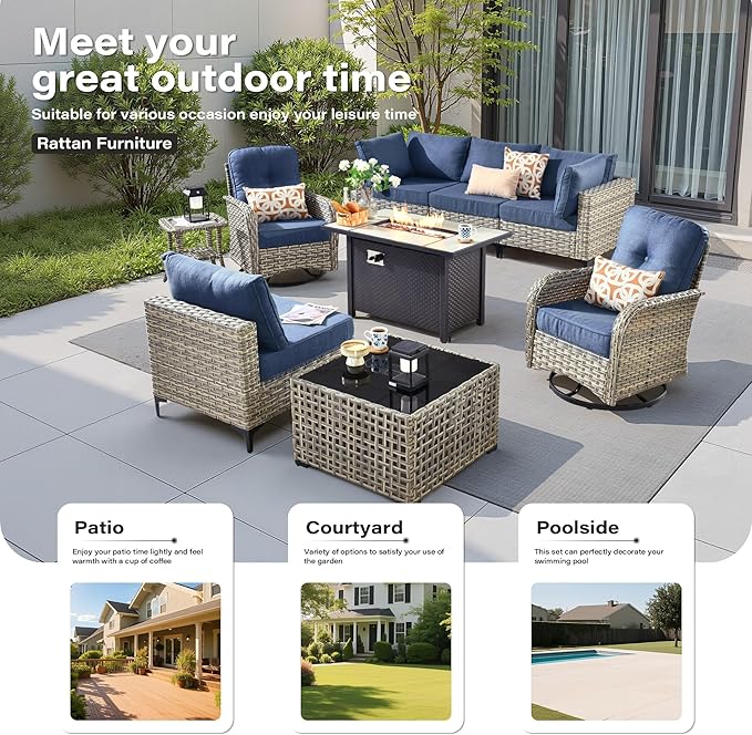 9 Pieces Outdoor Sectional Patio Furniture Set with 42" Fire Pit,Conversation Sets Rattan Wicker L Shaped Couch Swivel Rocking Chairs,Modular Outdoor Sofa for Porch Balcony Backyard Blue