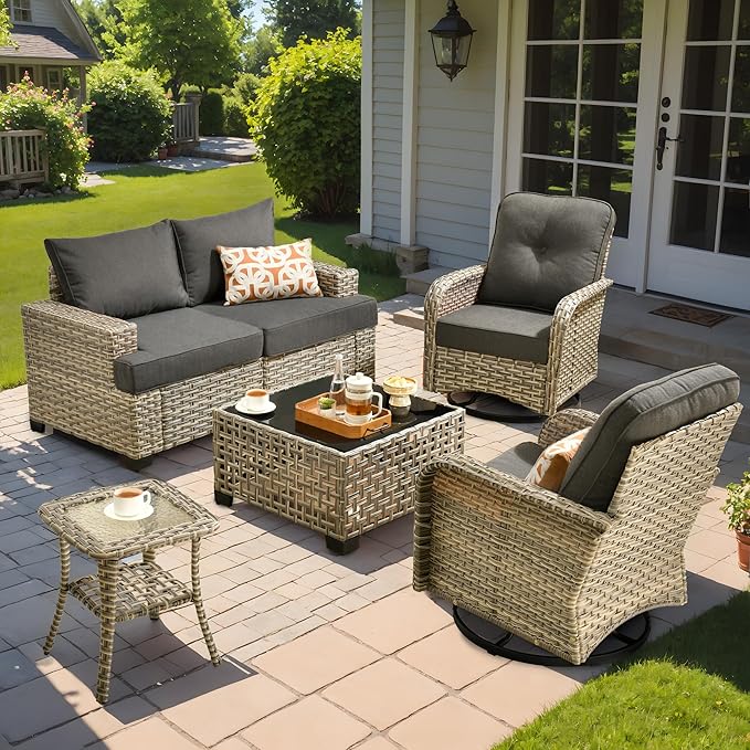 6 Pcs Outdoor Sectional Patio Furniture Set with Swivel Rocking Chair - All Weather Wicker Outside Sectional Couch,Patio Seating Outdoor Conversation Sets for Deck Yard,Black