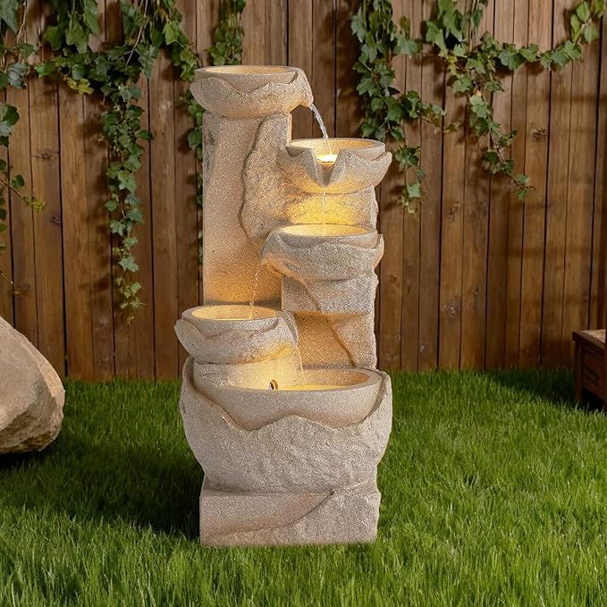 5 Tiered Waterfall Fountains, Outdoor Water Fountains with LED Lights, Garden Outside Waterfalls, Modern Cascading Flow Fountain for Garden, Yard, Patio, Home Decor