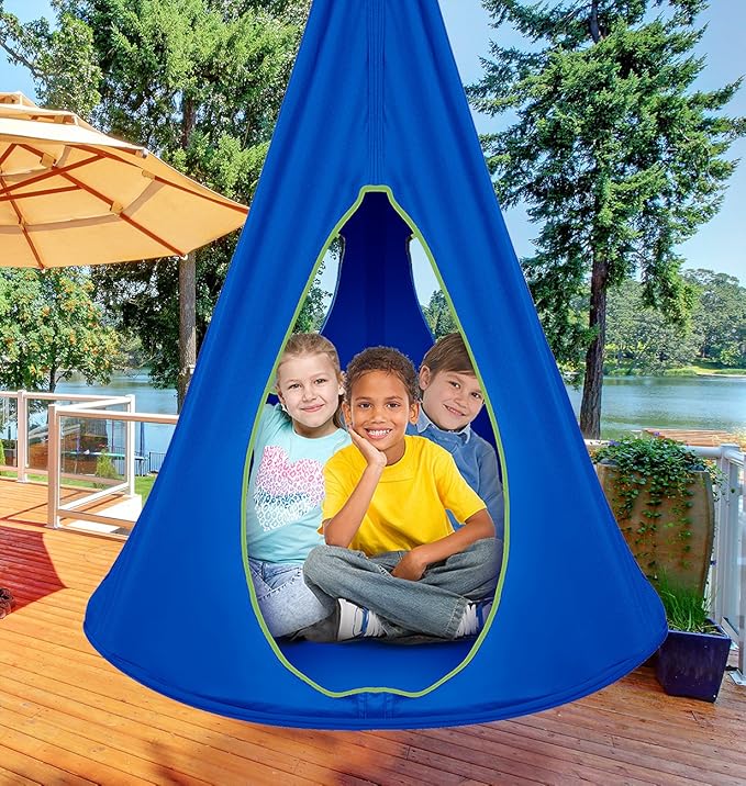 Sorbus Pod Swing for Kids - Durable Hanging Hammock Chair w/Adjustable Rope - 2 Windows & 1 Entrance - Tree Tent Sensory Swing for Kids Indoor Outdoor Use - 250lbs Sturdy Nest Swing - (40", Blue)
