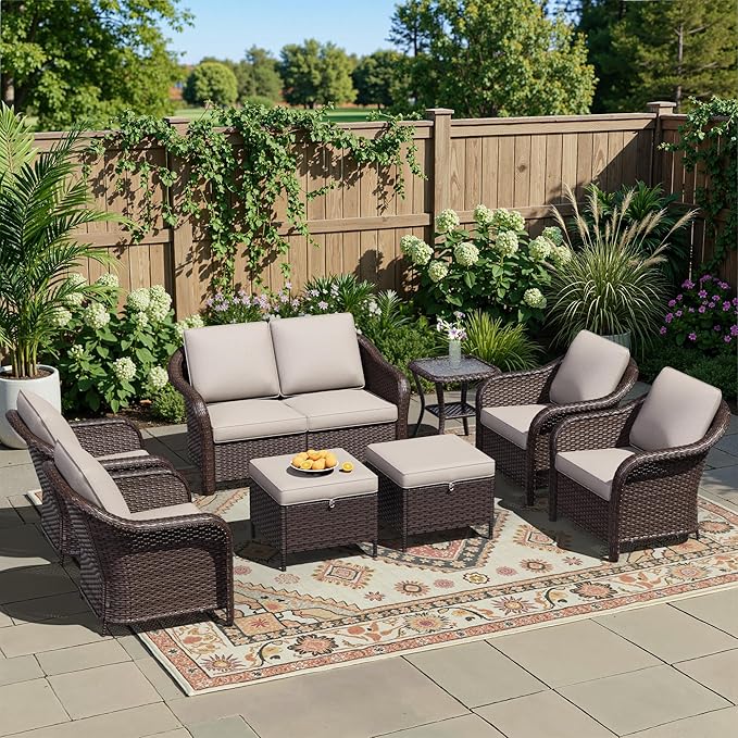 8 Piece Patio Wicker Conversation Set, All-Weather Use Outdoor Wicker Loveseat with 2 PE Rattan Ottomans,4 Chair, 1 Side Table, Ideal for Porch, Backyard, Balcony, Poolside, Beige