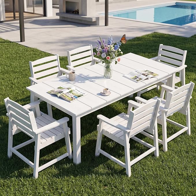 PLUUV 7-Piece Outdoor Patio Dining Set, All-Weather HDPE Dining Furniture Set with Umbrella Hole Cut-Out Table, Aluminum Table Legs, and 6 Chairs, Waterproof & Easy Clean for Backyard, Garden, White