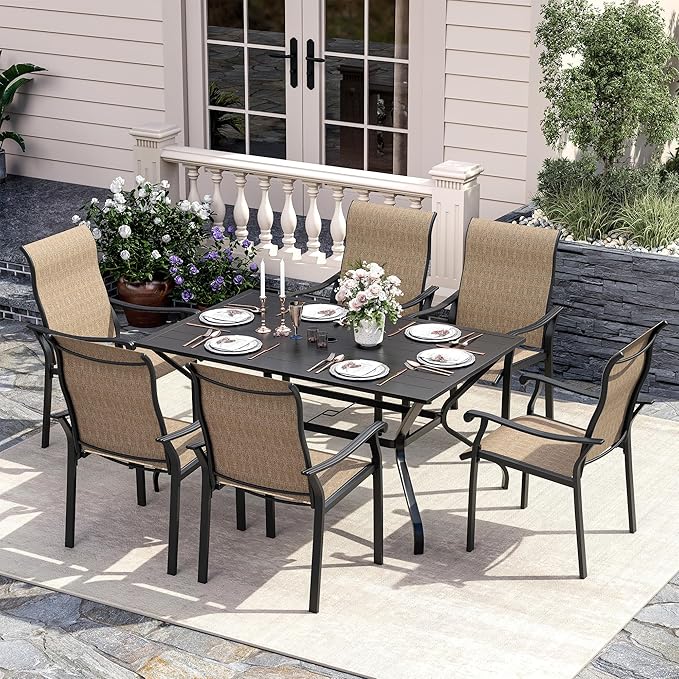 UDPATIO 7 Piece Patio Dining Set for 6, Patio Outdoor Table and Chairs, 59"×38" Black Table with Umbrella Hole, Brown Patio Chairs, Patio Table with Chairs, Outdoor Dining Set for Backyard, Deck
