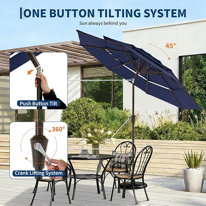 Garvee 9ft 10ft Patio Umbrella with Solar Lights, 3-Tier Umbrella Outdoor Patio with LED Lights, Ventilation, Easy Crank & Tilt, 8 Sturdy Ribs, UV Protection, Large Patio Umbrella for Deck, Pool