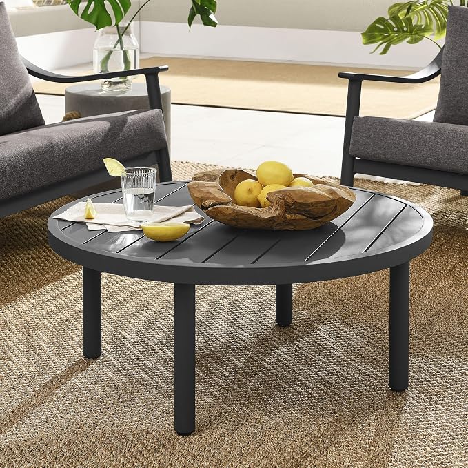 Modway Terrace Round Metal Outdoor Patio Coffee Table in Graphite – 35 Inch Weather-Resistant Coffee Table for Patio, Balcony, and Garden – Modern Outdoor Coffee Table with Round Slatted Top