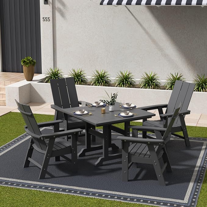 WestinTrends Ashore 5 Pieces Adirondack Patio Dining Set, All Weather Poly Lumber Slatted Modern Farmhouse Outdoor Furniture Set, 43" Trestle Square Table and 4 Adirondack Dining Chair, Gray