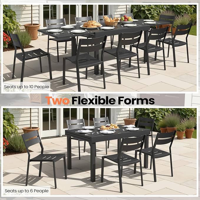 Pellebant 11-Piece Aluminum Outdoor Dining Set for 10, Stackable Contoured Seat Chairs with 17.3" Depth, Expandable Patio Table – Weather-Resistant Furniture for Deck, Porch & Backyard