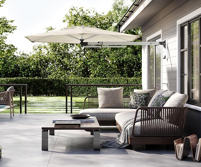 ShadowSpec Retreat Patio Umbrella, Large 9FT Hexagon Wall Mount Umbrella for Balcony, Apartments, And Outdoor Patio