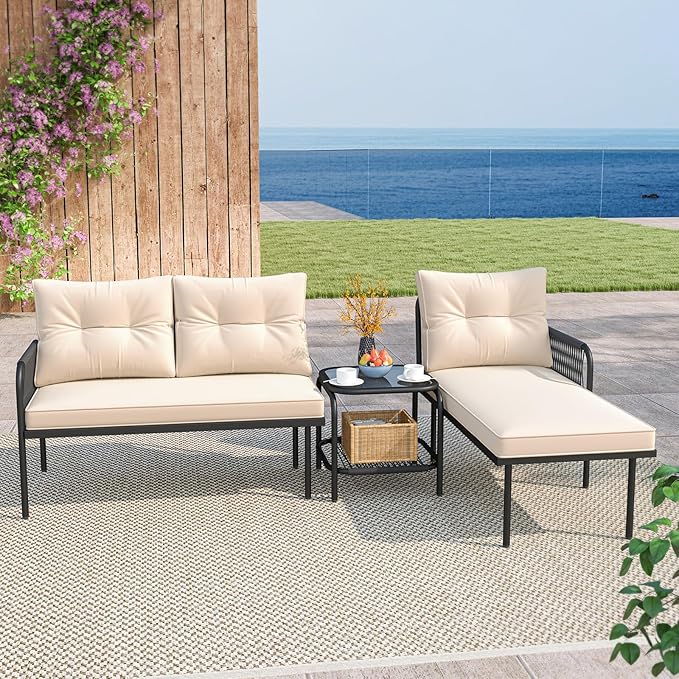 Tangkula 3-Piece L Shaped Patio Furniture Set, PE Rattan Sectional Sofas with Tempered Glass Table, Back and Seat Cushions, Outdoor Conversation Set for Porch, Backyard and Poolside