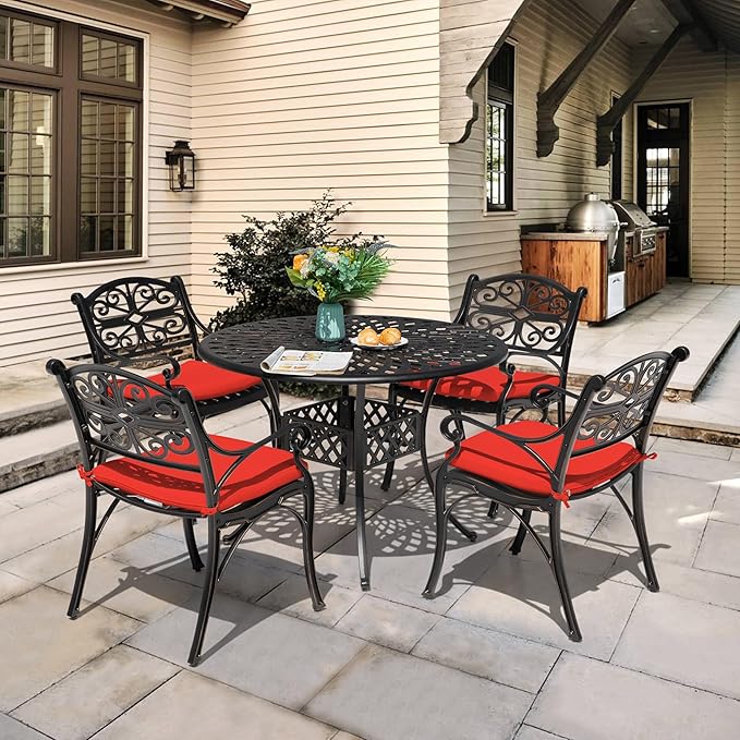 NUU GARDEN 5 Piece Outdoor Patio Dining Set, 42" Cast Aluminum, Round Patio Dining Table with 2.24" Umbrella Hole and Patio Dining Chairs with Cushions for Garden, Balcony, Bronze and Red