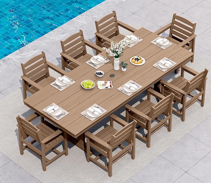 SERWALL Outdoor Dining Table, 84" Rectangular Dining Table for 6-10 Person, All Weather HDPE Patio Dining Table with Umbrella Hole for Backyard, Garden, Brown