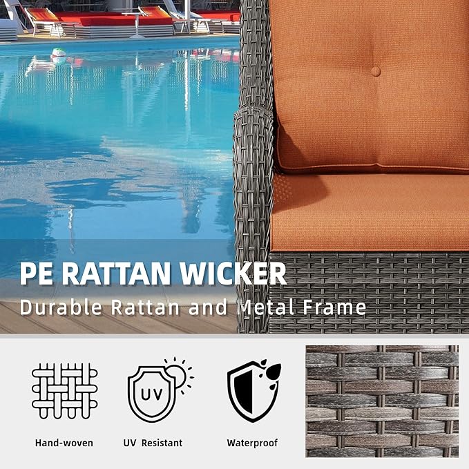 6 Pcs Patio Furniture Set with Fire Table-31'' Fire Pit Table, 1 Side Table, 4 Outdoor Rattan Wicker Conversation Chairs (2 Fixed & 2 Swivel) （Orange）