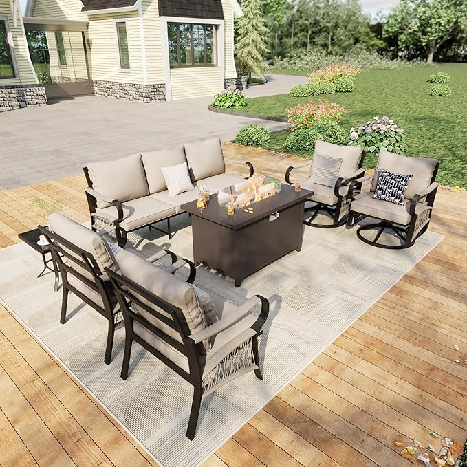 7 Pieces Outdoor Patio Conversation Sets, Outdoor Furniture Set Metal 3-Seater 2 Swivel Rockers with Side Table 2 Single Chairs with Fire Pit Table for Backyard Deck Porch Poolside, Beige