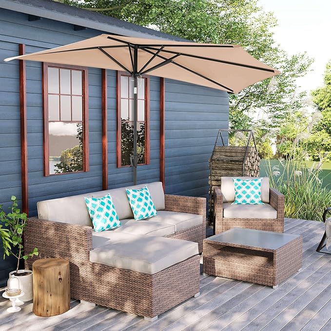 FLAME&SHADE 9ft Half Patio Umbrella - Half Outdoor Umbrella with Tilt UV Protection Waterprool, Half Round Table Umbrella for Wall Balcony, Pool, Porch, Garden, Deck, Market, Backyard (Beige)