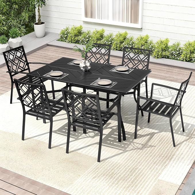 NUU GARDEN Outdoor 7-Piece Patio Dining Set, 6 Stackable Patio Dining Chairs and 61'' x 37'' Rectangle Table with Umbrella Hole, for Outdoor and Indoor Space, Patio, Deck, Garden, Backyard, Black