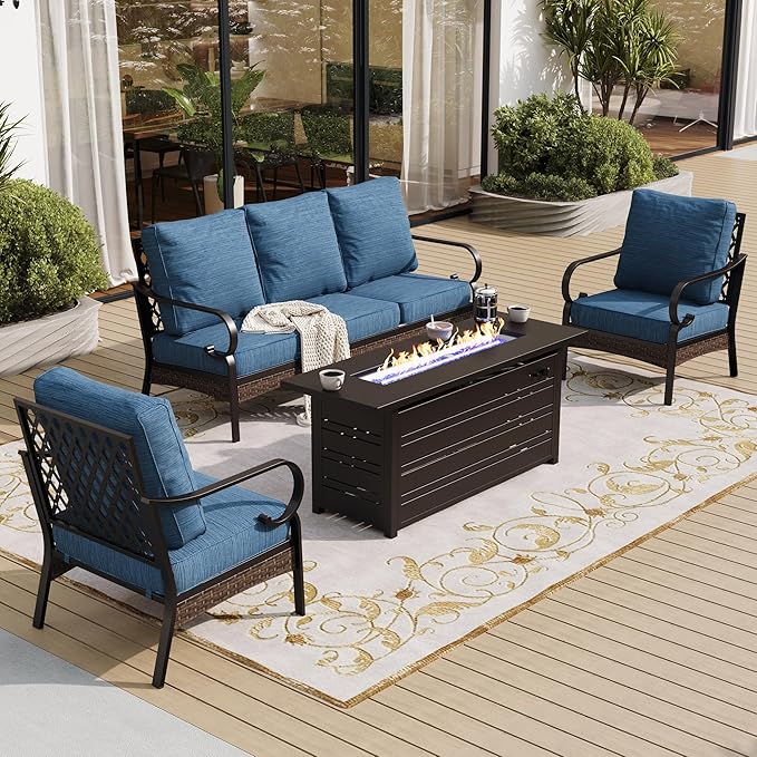 4 Piece Black Metal Outdoor Patio Furniture Sets with Firepit Table, Patio Conversation Sets 1 3-Seater Sofa, 2 Single Sofa with 5.75" Thick Cushion Backyard Furniture for Deck, Blue-2