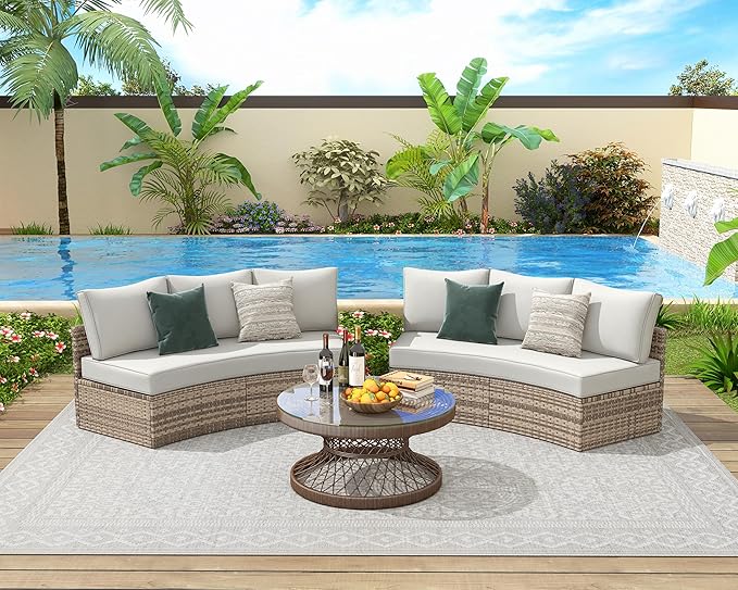 PaPaJet Patio Conversation Set, 6 Piece Half-Moon Sectional Patio Furniture Set, Round Outdoor Conversation Set, Wicker Sofa Set, for Backyard Patio Garden, Beige