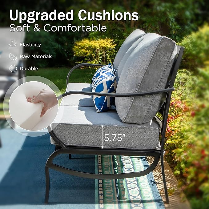 PHI VILLA Patio Furniture Set with FirePit Table, Outdoor Furniture with 1 x 3-Seat Wide Deep Seating Bench, 2 x Swivel Sofa Chairs & 2 Ottomans, 5.75" Thick Cushioned Outdoor Conversation Set, Grey