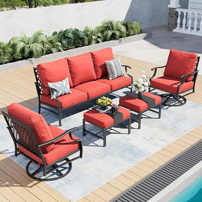 5 Piece Metal Outdoor Patio Furniture Sets, Patio Conversation Sets 1 3-seater Sofa, 2 Swivel Chairs, 2 Ottomans with 5.75" Thick Cushion, Black All-weather Backyard Furniture Set, Red
