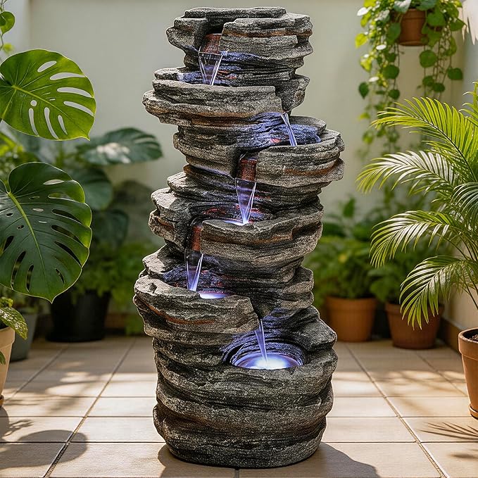 6-Tier Rock Outdoor Water Fountain, 40in Tall Oversized Fountains for Outside, Relaxing Cascading Waterfall for Tranquil Outdoor Garden Patio Garden Backyard Oasis
