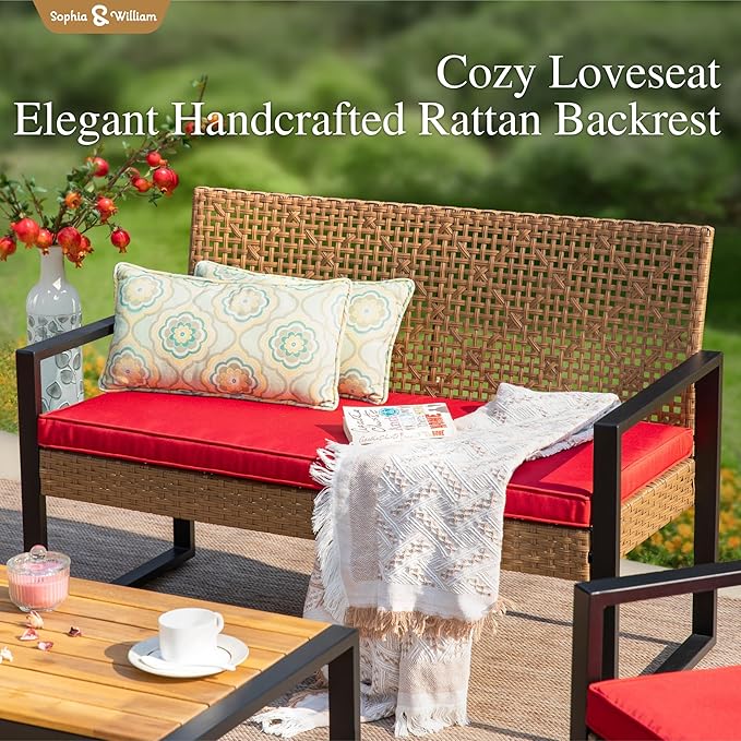 Sophia & William 4 Pieces Patio Conversation Set, Wicker Outdoor Furniture Set for 4, All Weather Outdoor Seating Set, Rattan Loveseat & Chairs with Cushions & Coffee Table，Brown and Red