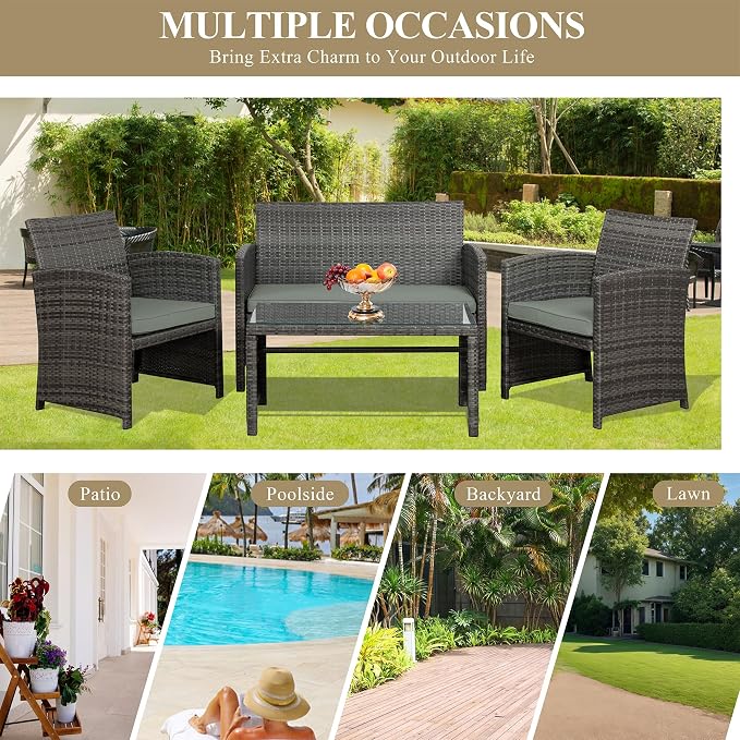 JAMFLY 4 Piece Outdoor Patio Furniture Set, Outdoor Wicker Rattan Chairs Conversation Sets with Cushions & Coffee Table for Outside, Garden, Balcony, Porch, Grey