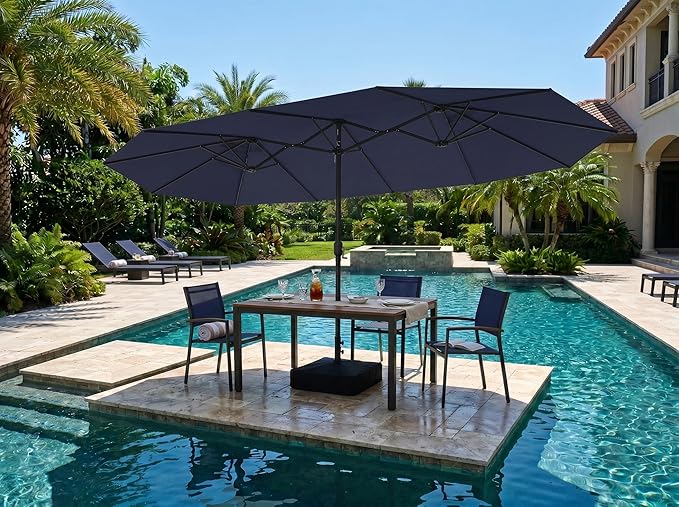PURPLE LEAF 15ft Patio Market Umbrella with Base Double-Sided Rectangle Outdoor Table Sun Umbrellas with Crank 12 Heavy Duty Sturdy Ribs for Pool Beach Deck Backyard Navy Blue