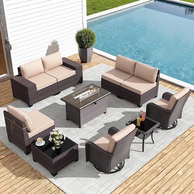 Gotland 10 Pieces Patio Furniture Set with 2 Swivel Rocking Chairs 1 Fire Pit Table, Patio Furniture in 4 Combinations with 1 Coffee Table Wide Armrests 29.5'' High Backrest,for Deck Garden Pool Khaki