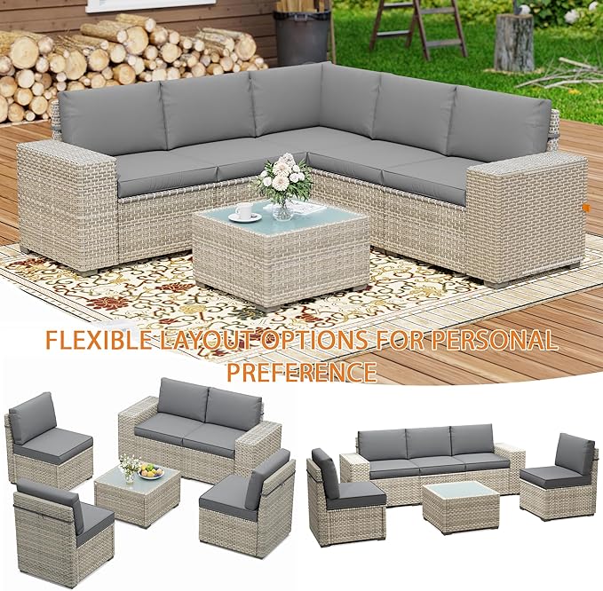 6 Piece Patio Furniture Set, 8" Wide Arm Sectional Sofa Set with Coffee Table, High-Back All-Weather Rattan Outdoor Conversation Set for Garden, Porch, Lawn, Gray
