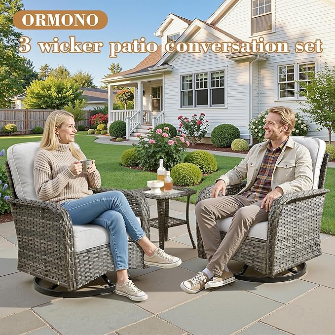 3 Pieces Patio Furniture Set, All-Weather Rattan Wicker Outdoor Furniture with Swivel Rocking Chairs and Side Table, High Back Conversation Set for Porch, Backyard, Balcony,Grey