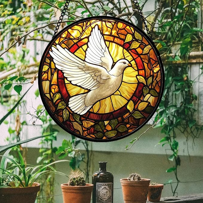 DASTOLL Stained Glass Window Hanging, Flying White Dove Sun Catchers Diamond Glass Panel Hangings Cute Birds Suncatcher Decor for Birthday for Women, Men, Wife, Aunt, and Mom 14.9 in
