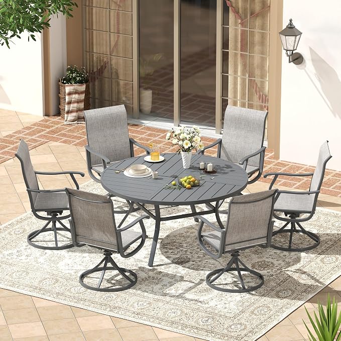 VICLLAX Patio 7 Pieces Outdoor Dining Set, 53" Round Metal Table with Umbrella Hole and 6 Swivel Textilene Chairs for Lawn, Garden, Porch, Dark Grey/Grey