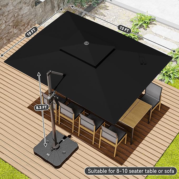10x13 FT Cantilever Patio Umbrella with Base and Led Lights Double Top Outdoor Rectangular Large Heavy Duty Aluminum Offset Umbrellas with 7 Level Tilt 360-degree Rotation for Pool Garden Deck, Black