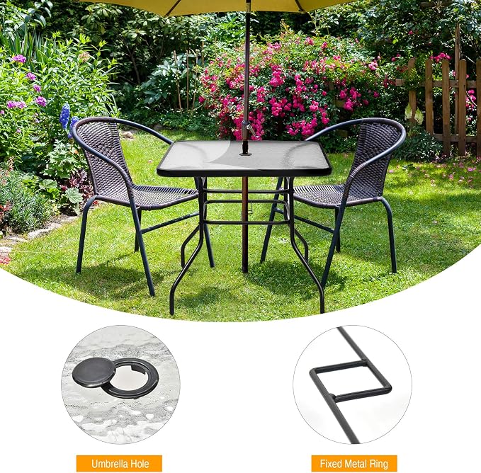 S AFSTAR Bistro Table Outdoor, Square Dining Coffee Table with Umbrella Hole & Tempered Glass Tabletop, Outdoor Patio Pub Table for Patio Garden Poolside Balcony Backyard, 32”L x 32”W x 28”H