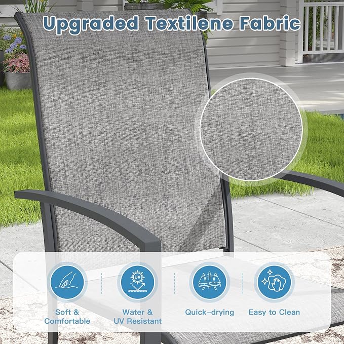 DIFY 5 Pieces Outdoor Dining Set, Metal Patio Table and Chairs Set for 4 with Umbrella Hole, 40.6" Round Dining Table and Textilene Stackable Patio Chairs for Garden Backyard Poolside, Grey Wood-Like