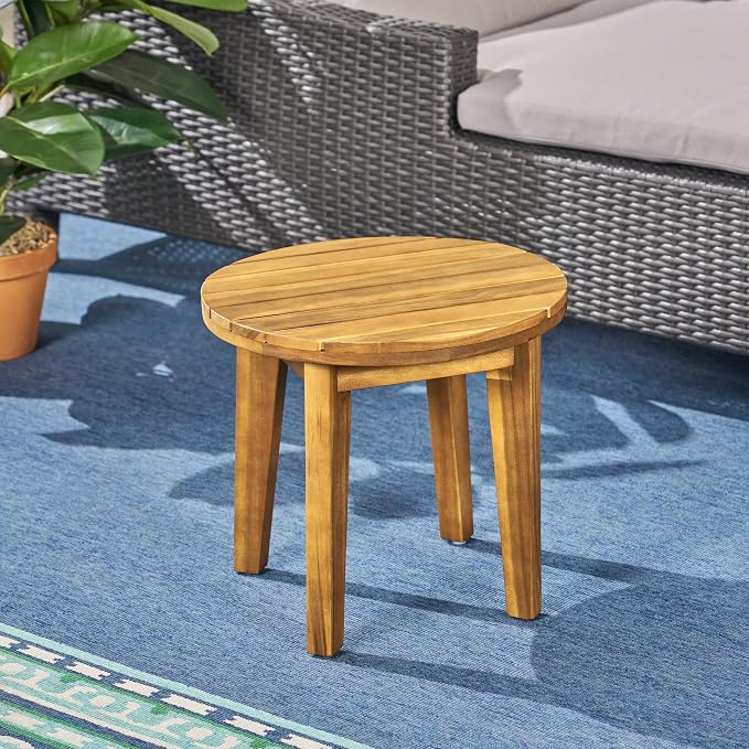 Round Patio Side Table Acacia Wood End Table with Slat Panel Design Rustic Outdoor Accent Table for Garden Backyard Pool Deck Living Room Weather Resistant Easy Maintenance,Teak