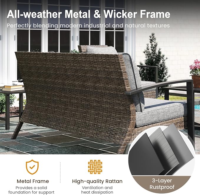 Green4ever Patio Sofa, 2 Pieces Patio Furniture Set with Coffee Table, Wicker Outside Furniture with Cushions, Patio Sofa for Porch, Outside Couch for Pool, Deck, Garden, Backyard, Grey