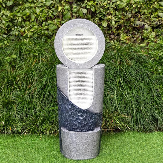 34 Inch Outdoor Water Fountain with LED Lights Modern Garden Waterfall Fountain for Patio Porch Backyard Lawn Decor Freestanding Resin Water Feature Indoor Outdoor Relaxing Waterfall