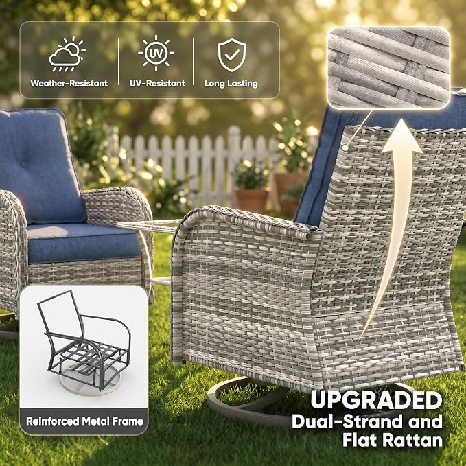 9-Piece Small Patio Furniture Set, Outdoor Swivel Rocking Chairs Set with 55,000 BTU Fire Pit Table Wicker Chairs and Ottomans, Patio Bistro Set for Balcony, Deck, Porch, Navy Blue