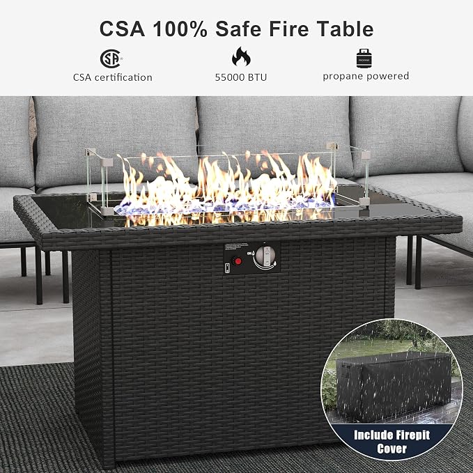 LayinSun 7 Pieces Aluminum Patio Furniture Set, Modern Modular Sectional Sofa with Fire Pit Table and Upgrade Thickness Cushion