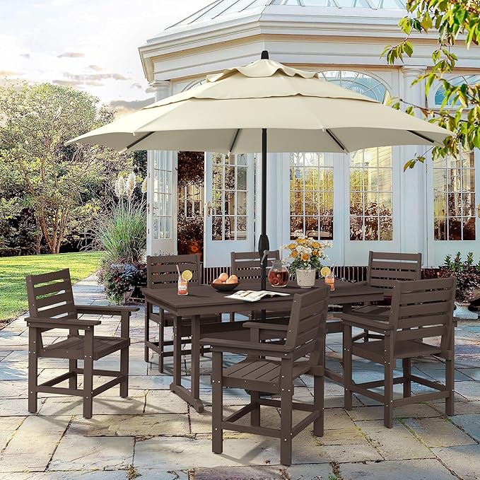 Rectangle Outdoor Dining Tables for 6, HDPE Weather Resistant Patio Dining Table, 66" Outdoor Tables with 1.96" Umbrella Hole for Porch, Balcony, Backyard, Dark Brown